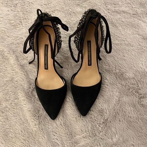 French Connection black suede heels with crystal embellishments, size 6 - Picture 3 of 13